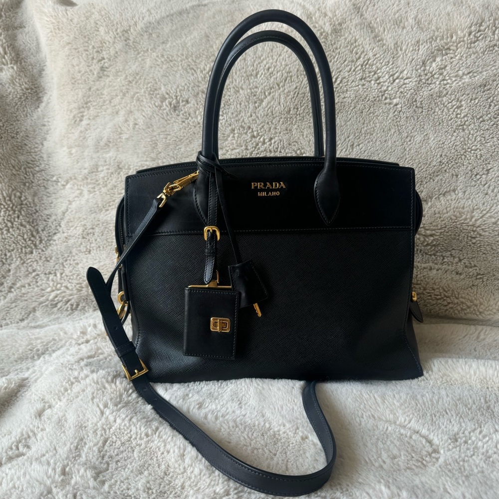 Prada Paradigme Tote Saffiano with City Calf Medium in Black with Gold Hardware